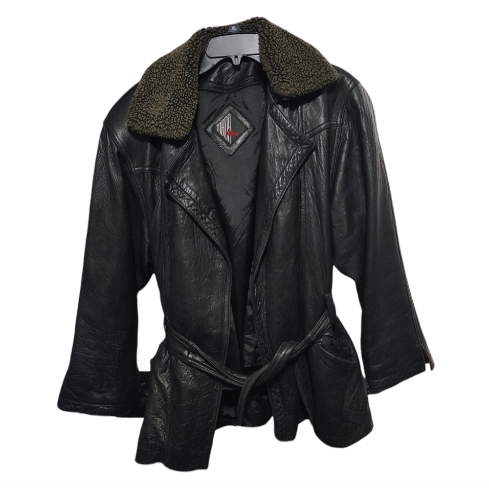 Tibor Black Leather Fleece Collar Tie Front Winter Coat Women's Size Large L